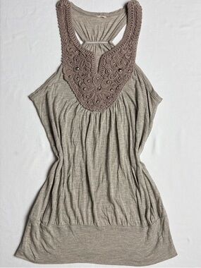 Grey Racerback Rayon Tank- Crochet Detail-S